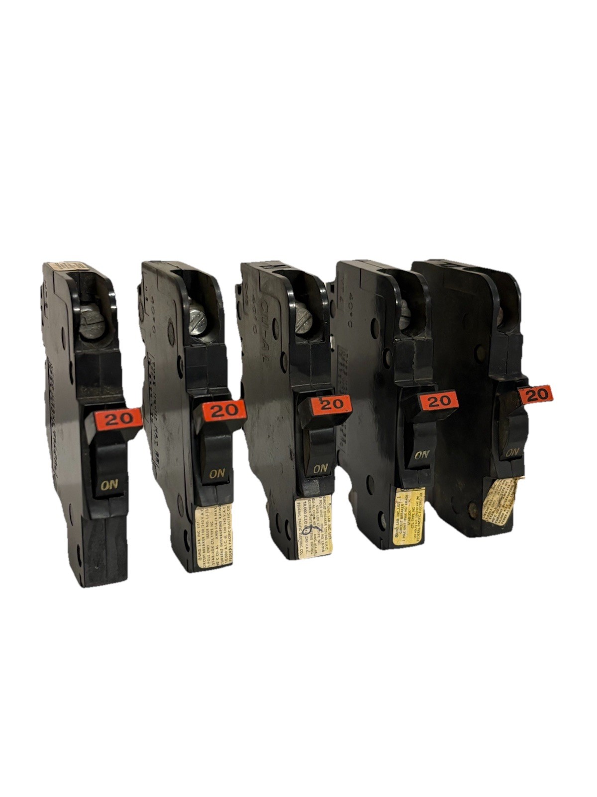 (Lot Of 5) Federal Pacific NC120 20 Amp 1 Pole Thin Circuit Breaker – Red Handle