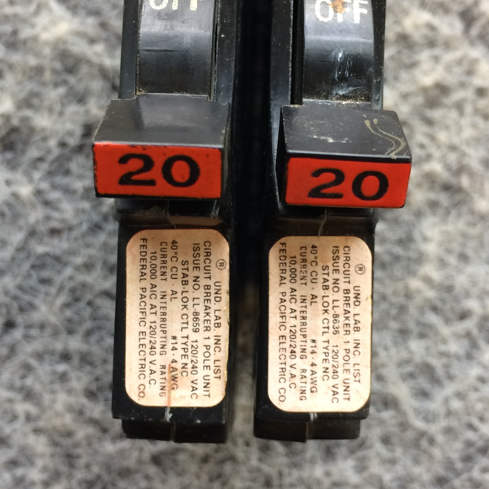 SET Lot of 2 FPE 20 Amp 1 Pole Stab Lok Thin Federal Pacific Breaker NC120 THIN