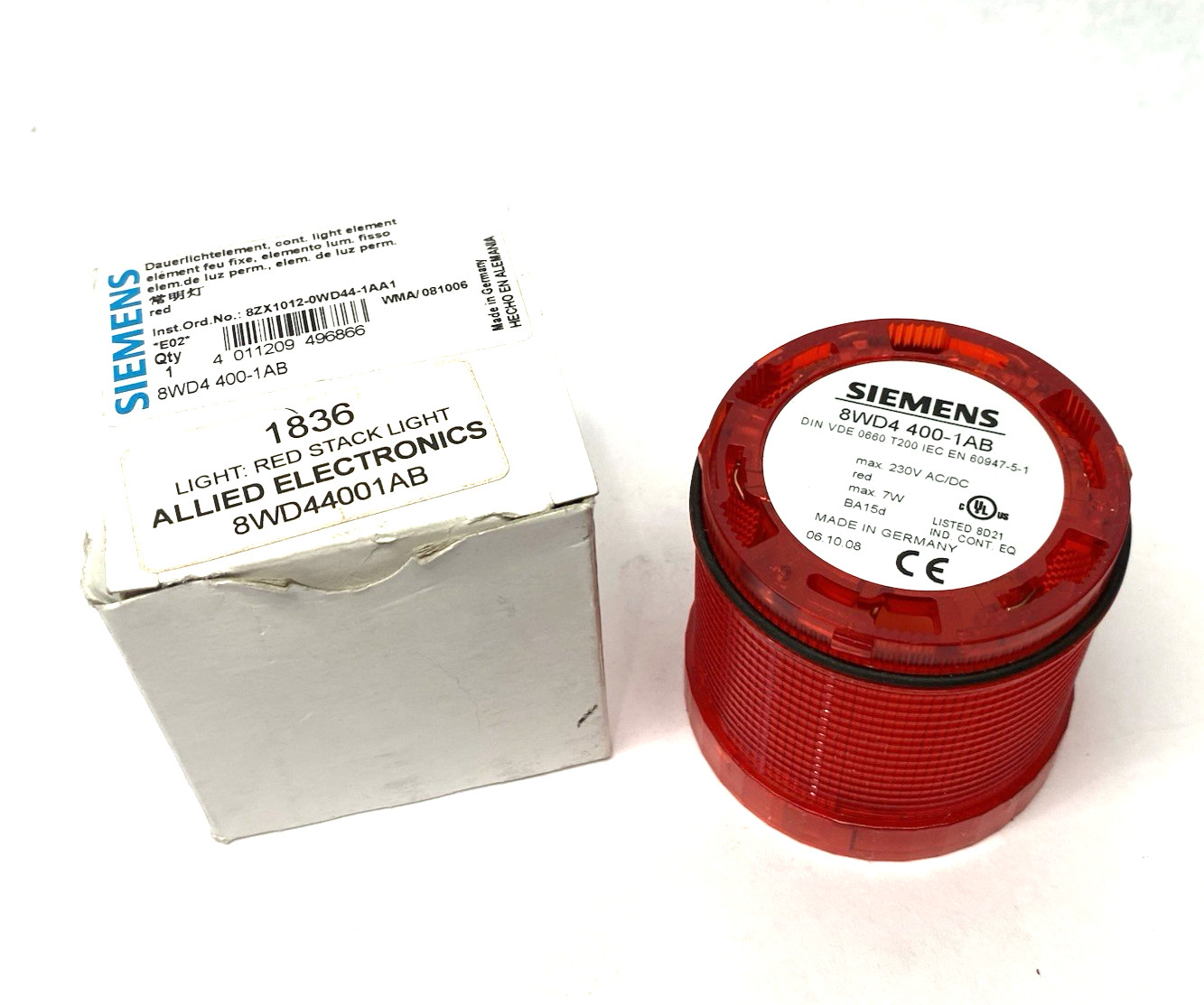 Siemens 8WD4400-1AB SIRIUS 70mm Steady Stack Light Element Red, 230V