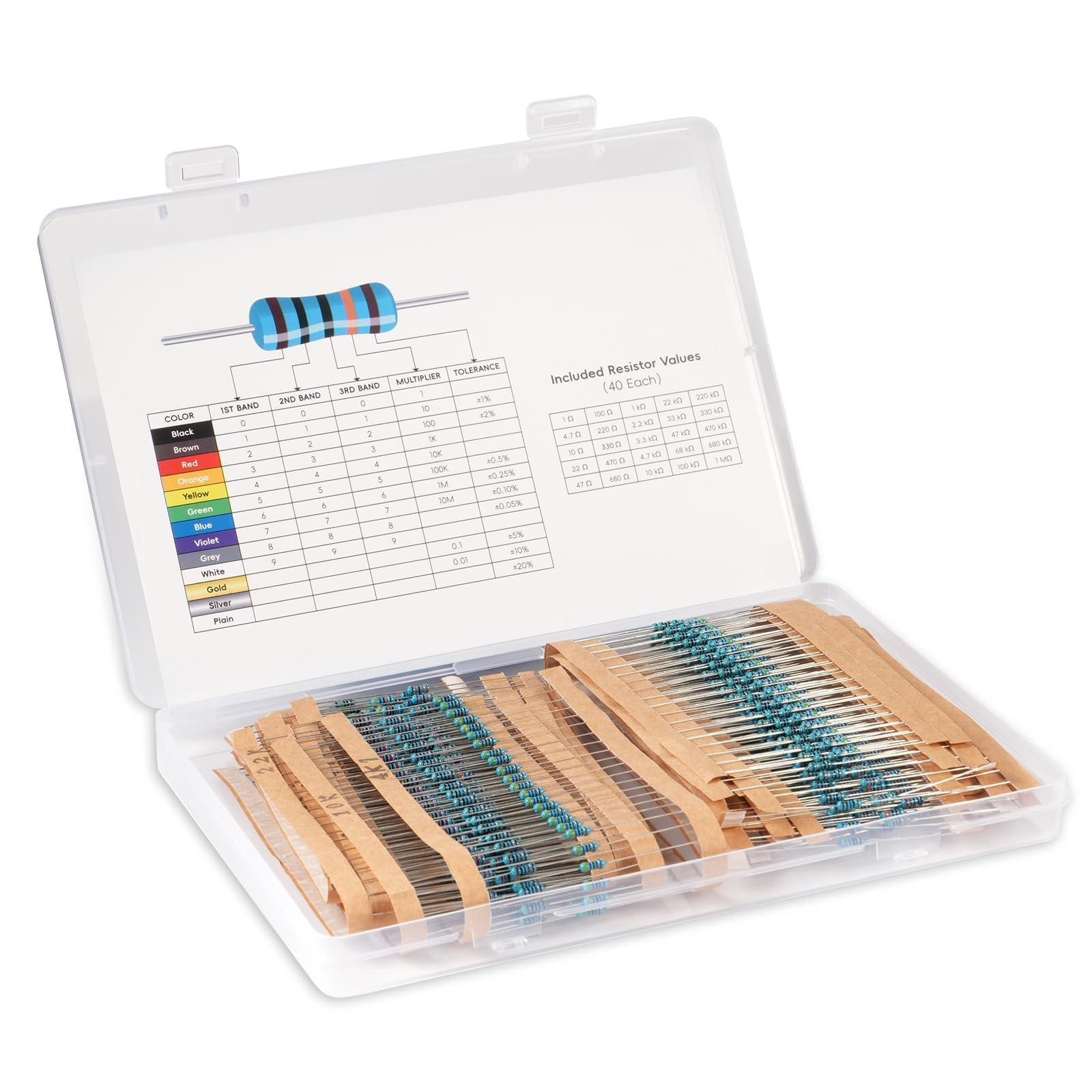 1000 Pcs Resistor Kit 1/4 W +-1% Premium Metal Film Resistors Assortment Kit, 25