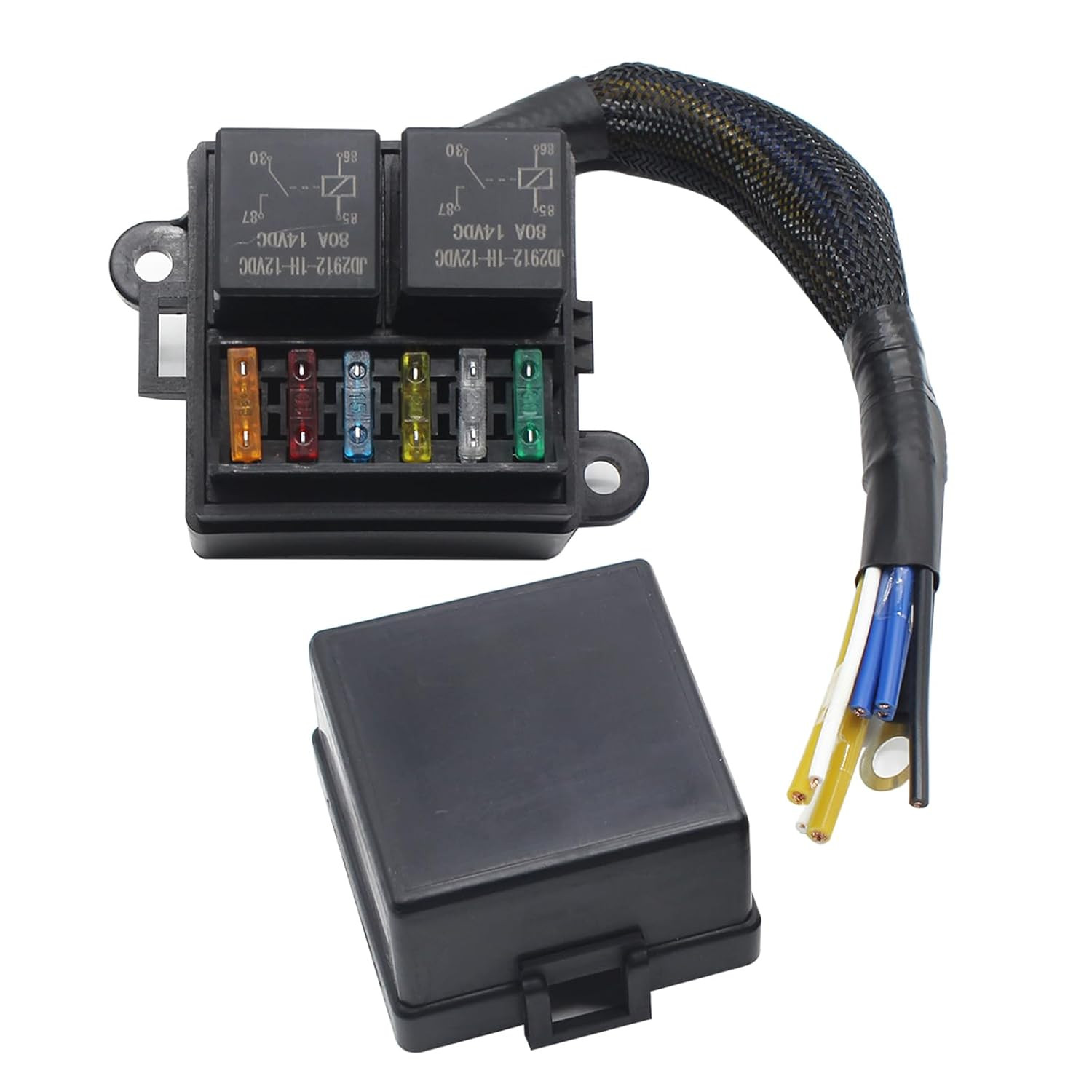 Pre-Wired Fuse Relay Box, 2 4-Pin 80A Relay Slots and 6 ATC/ATO Fuse Holder, wit