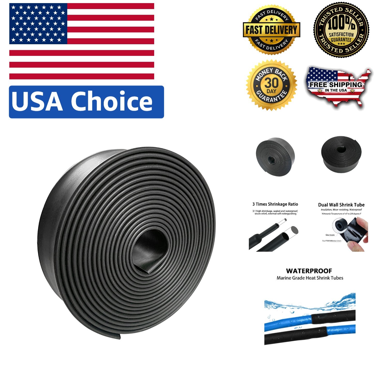 Industrial Marine Grade 3:1 Dual Wall Heat Shrink Tube – Waterproof, Black, 2…