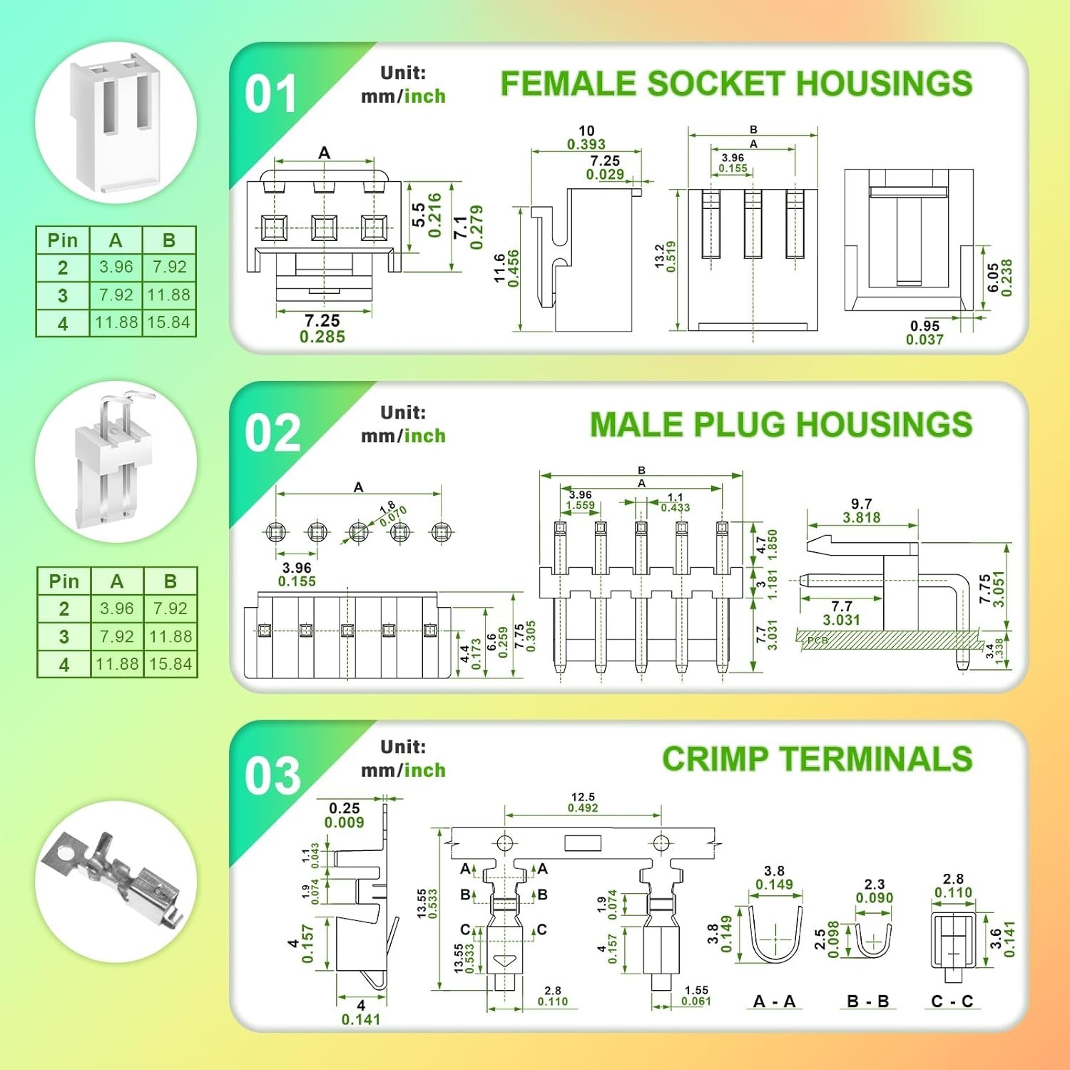 200 Pieces / 50 Sets JST VH SMT 3.96 mm Pitch 2 Pin Female Housing and Male A…