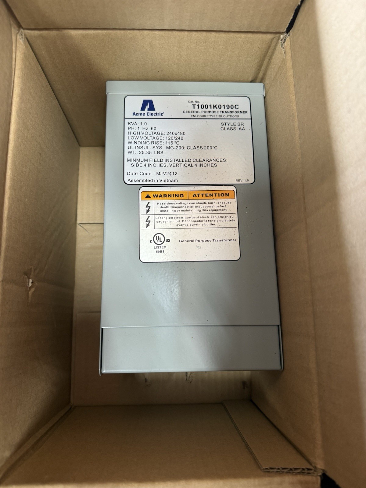 Brand New Acme Electric T1001K0190C 1 PH TRANSFORMER 1KVA 240×480-120/240V