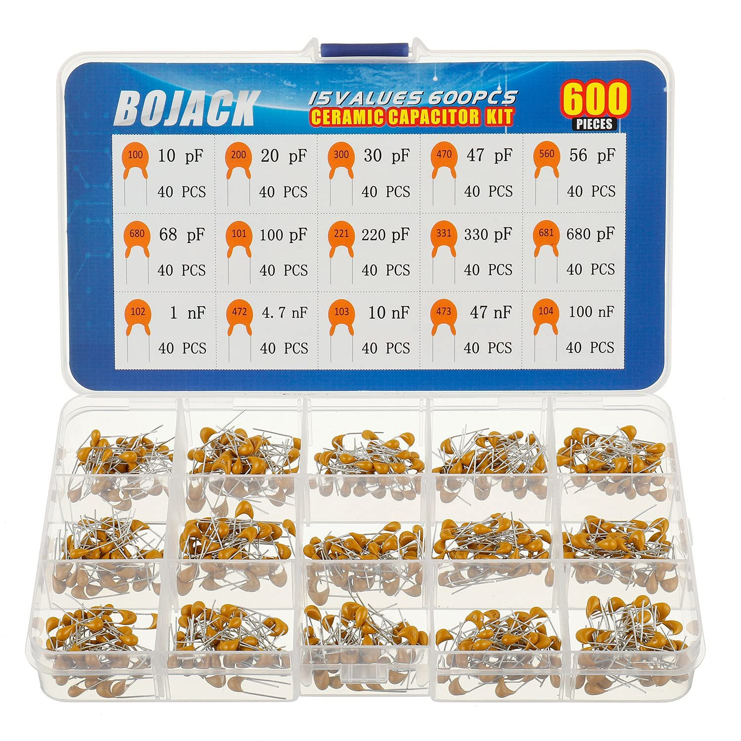15 Type Values 600Pcs Ceramic Capacitor Assortment Kit Capacitors from 10Pf to 1