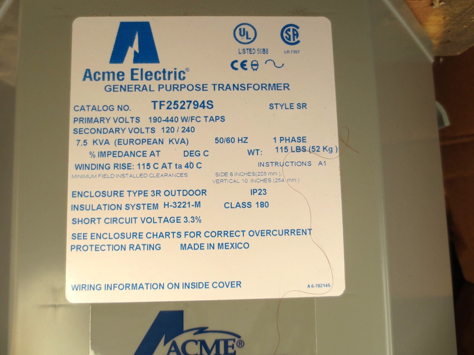 ACME TF252794S General Purpose 1 Phase Transformer XFMR 7.5 kVA 190-440 VAC sel.