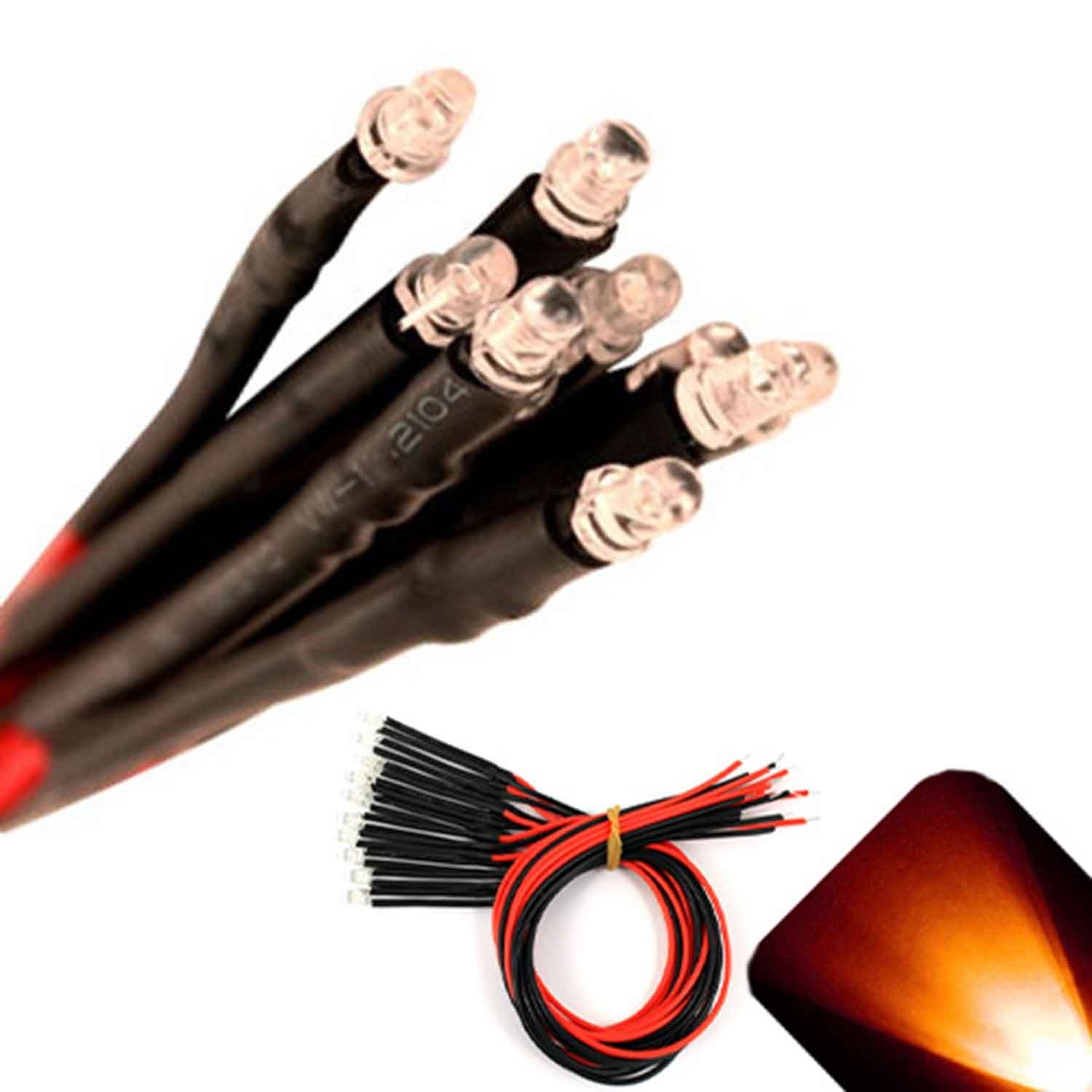100 x Pre wired 9v 3mm Amber Orange LEDs Prewired 9 volt DC LED Light RC 8v 7v